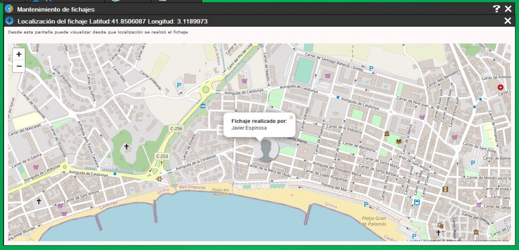 El programa permite registrar y visualizar la ubicación de los fichajes realizados por los empleados mediante dispositivos con GPS integrado. (Para los que no tienen GPS también pero es menos fiable)